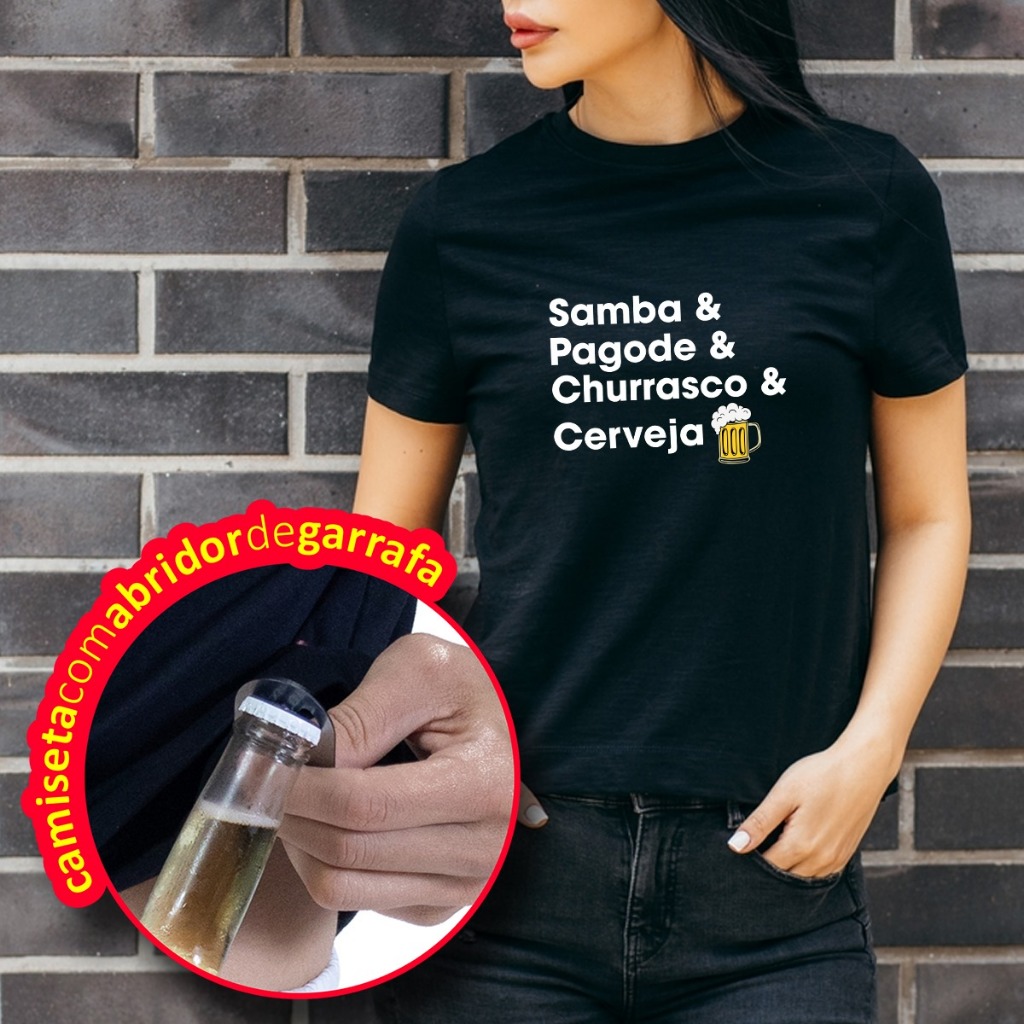 Camiseta Feminina Baby Look Preta 100% Algodão Estampa Samba & Pagode Engraçada Com Abridor de Garrafa