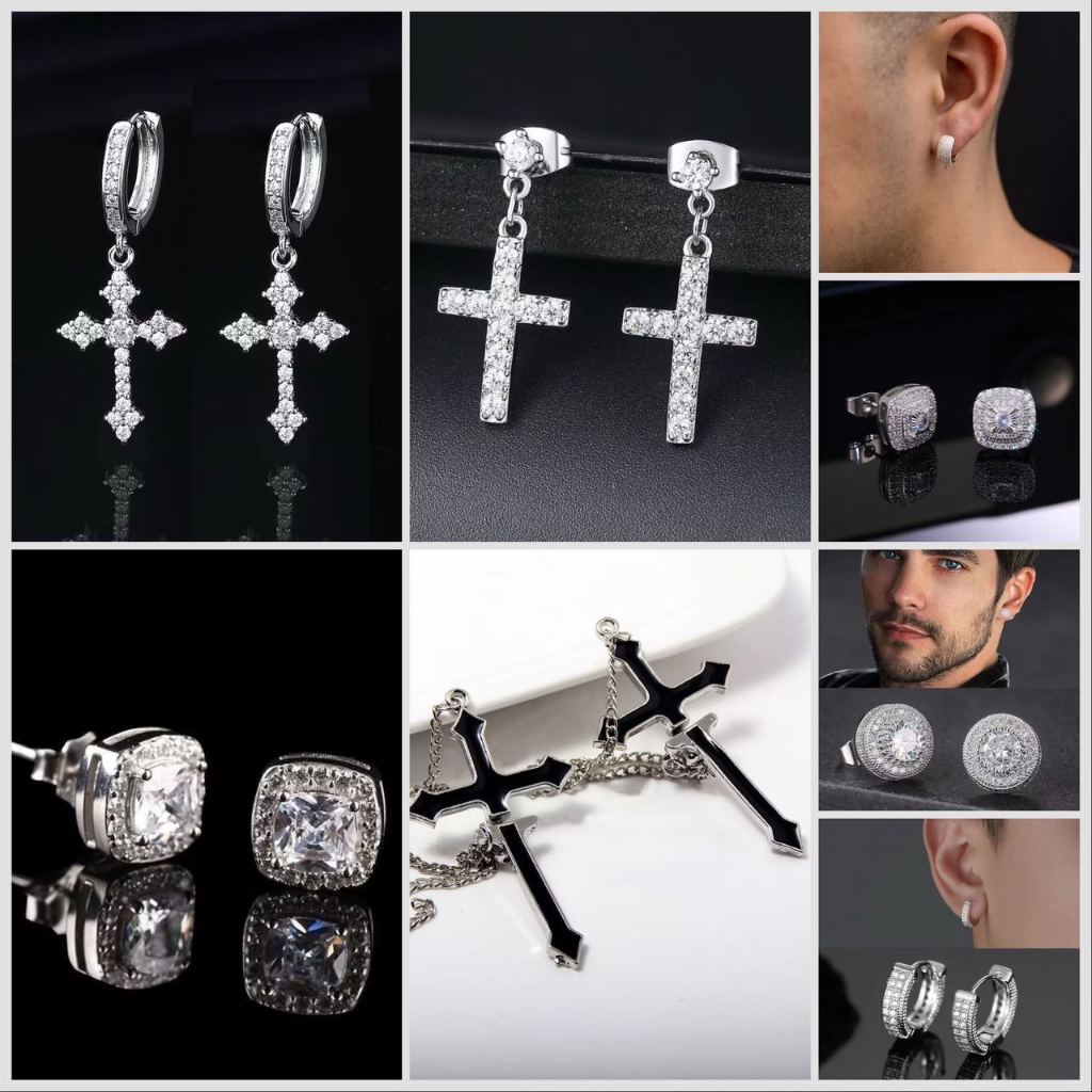 50MODELO Brincos de agulha de prata estilo americano Brincos masculinos de diamante amarelo Zircon Rock CandyMen Europeu
