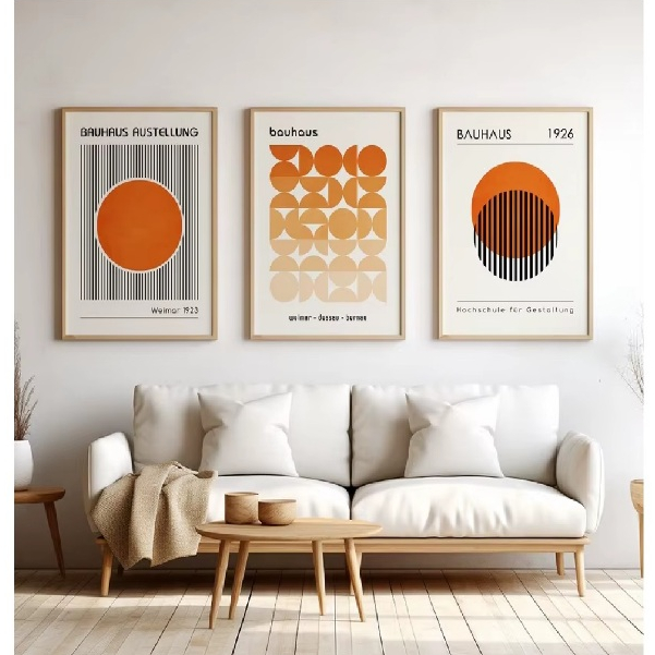 Quadros decorativos Laranja Bauhaus Exposição Abstrata Geométrica Minimalista Arte (3 peças)