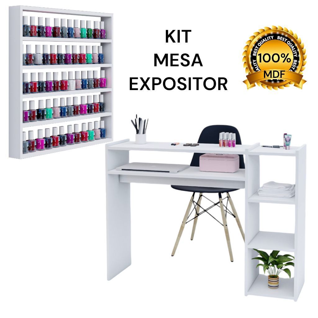 Kit Mesa Para Manicure 110CM Expositor De Esmaltes Grande 100% MDF Salão De Beleza Cabeleireiro Estética Cílios