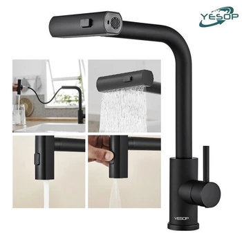 YESOP Torneira Cascata Cozinha Gourmet Monocomando Extensível Inox 304 Preto Fosco 3 Modos Com Ducha