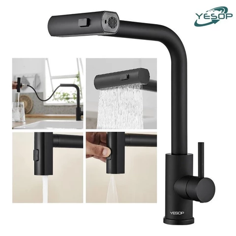 YESOP Torneira Cascata Cozinha Gourmet Monocomando Extensível Inox 304 Preto Fosco 3 Modos Com Ducha