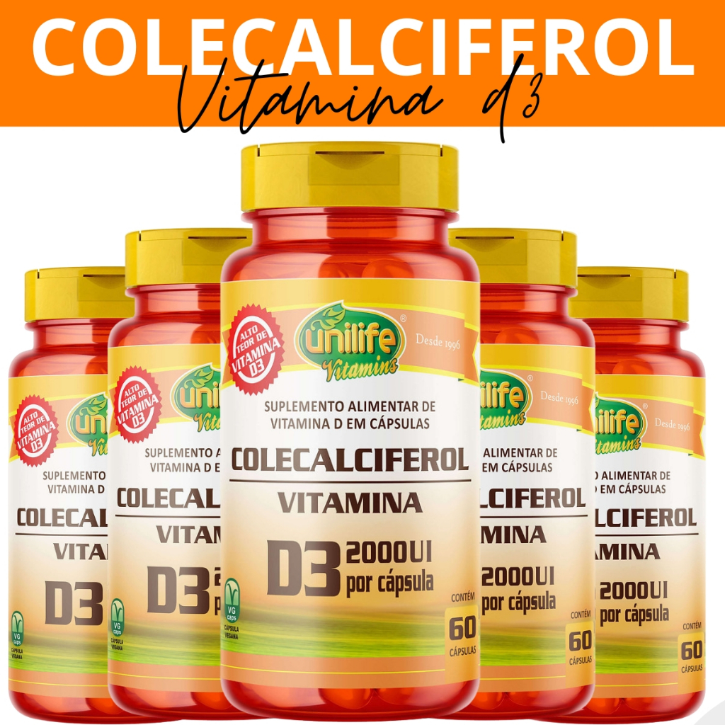 Kit 5 Colecalciferol Vitamina D3 2000 UI Suplemento Com 60 Capsulas - Unilife