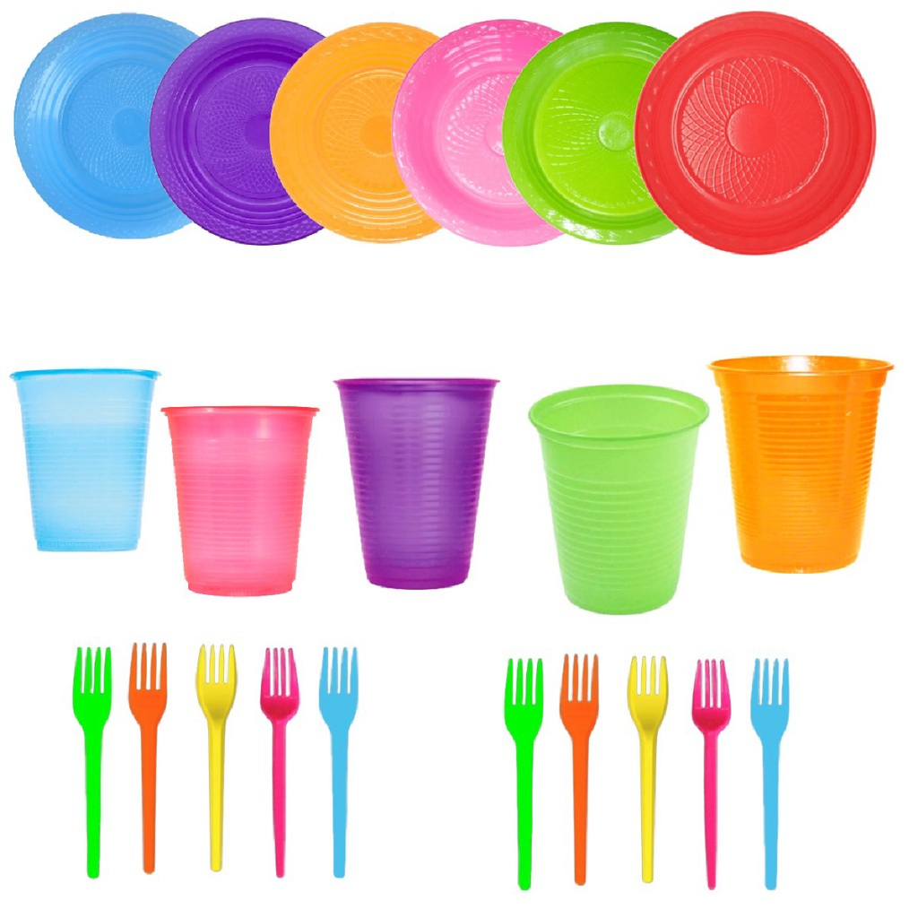 150 Itens Neon - Pratinho + Copo + Garfinho Descartavel Brilha Luz Negra
