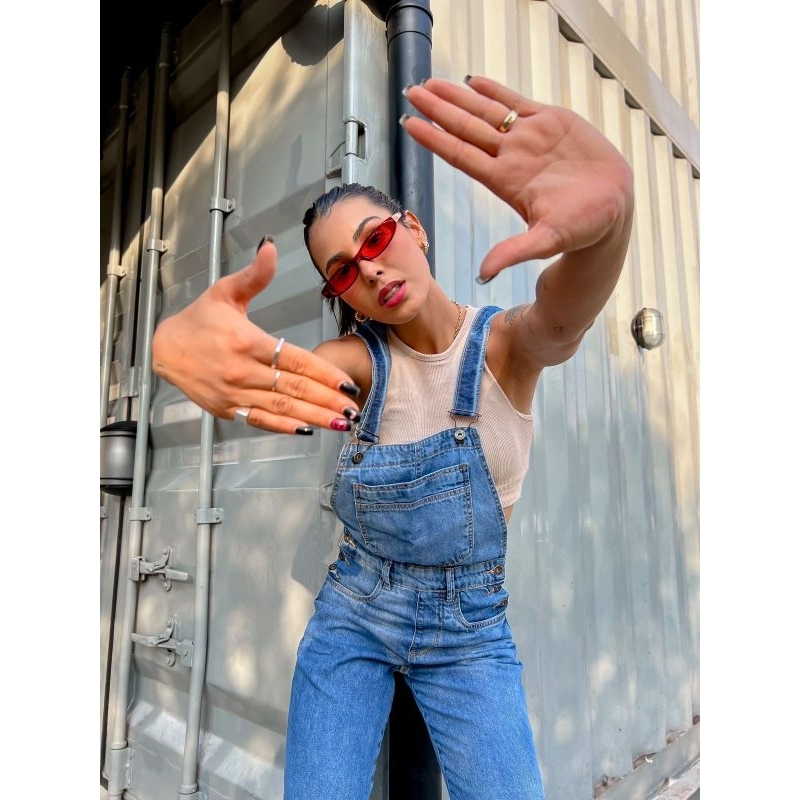 Jardineira Jeans Slim  Longo Macacão Premium Cintura Alta Calça Soltinho Suspensorio em Oferta na Shopee