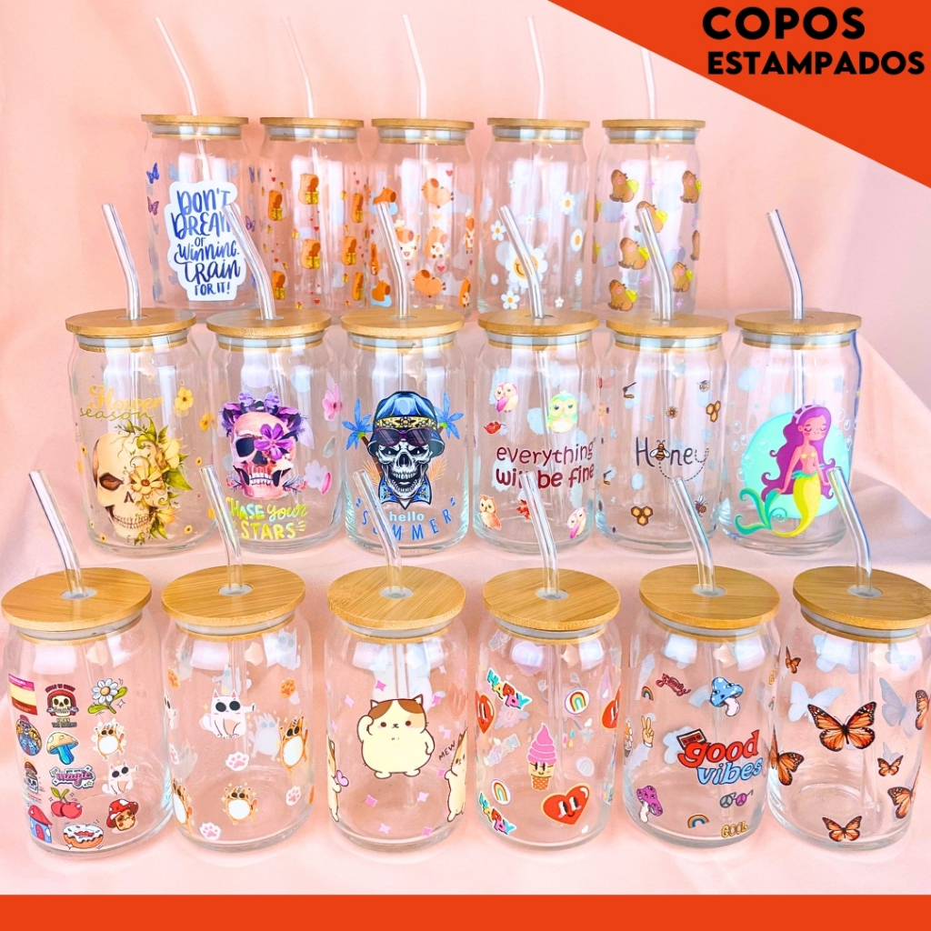 Copo De Vidro Com Tampa De Bambu Hermético Estampado Com Canudo - AV em Oferta na Shopee