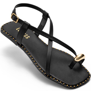 Sandália Feminina Lumiss Rasteira Bico Quadrado Tira Enfeite Metalizado Preto em Oferta na Shopee