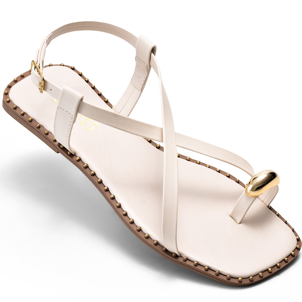 Sandália Feminina Lumiss Rasteira Bico Quadrado Tira Enfeite Metalizado Off White em Oferta na Shopee