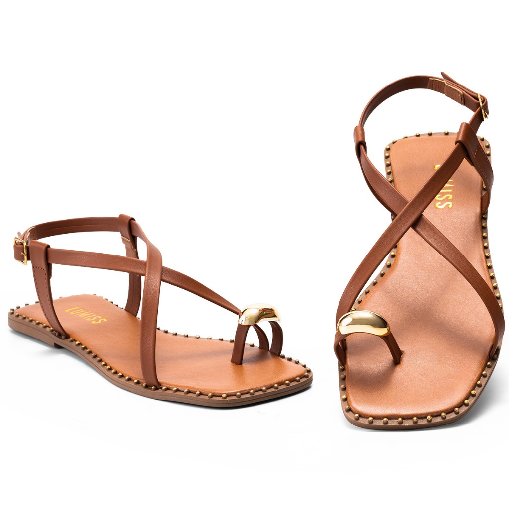 Sandália Feminina Lumiss Rasteira Bico Quadrado Tira Enfeite Metalizado Caramelo em Oferta na Shopee