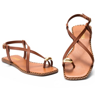 Sandália Feminina Lumiss Rasteira Bico Quadrado Tira Enfeite Metalizado Caramelo em Oferta na Shopee