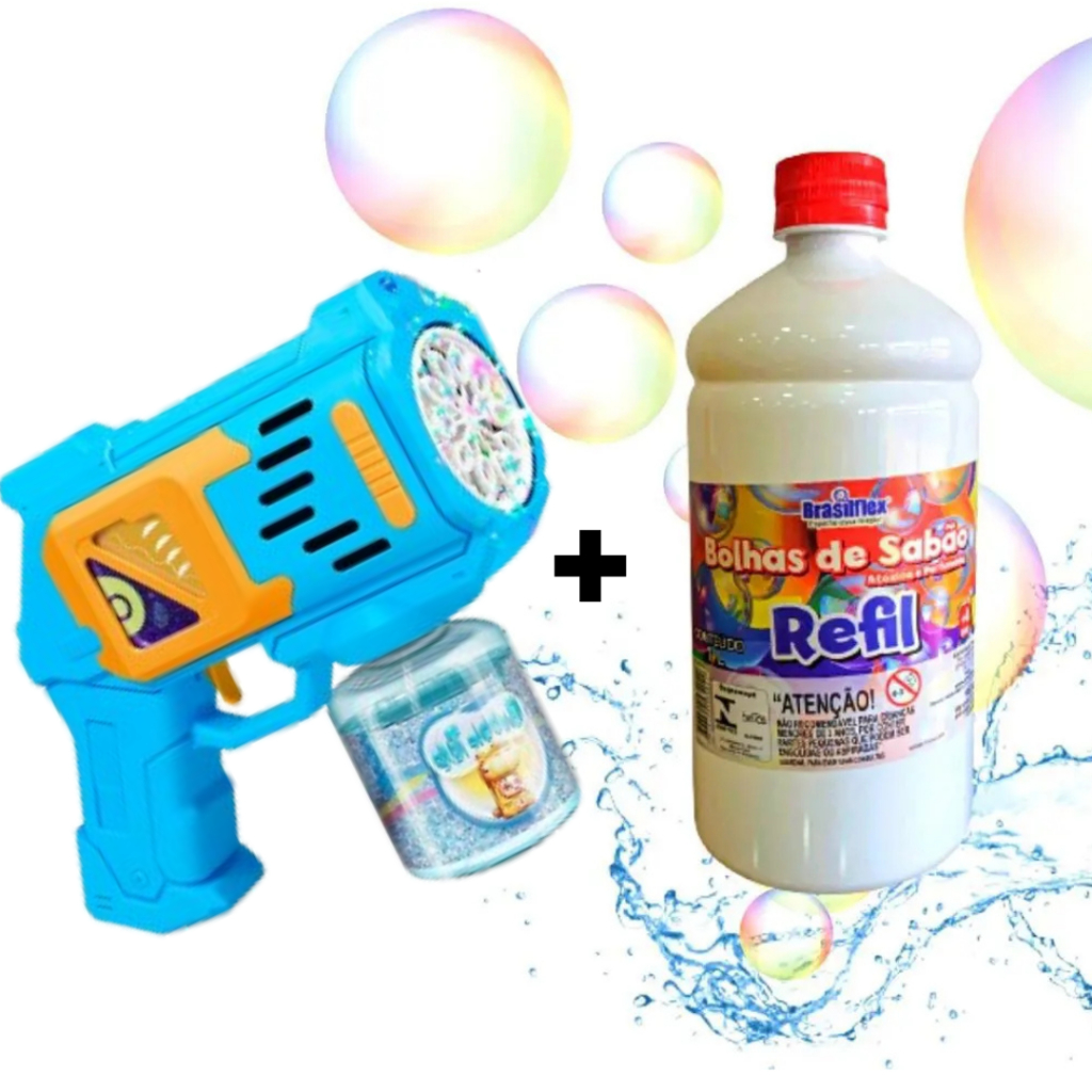 Kit 1 Pistola Arminha Bolha de Sabão com LED + Líquido Refil Bolha de Sabão 1 Litro