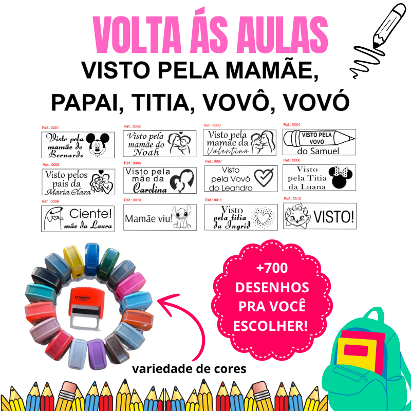 CARIMBO DE VISTO PELA MAMÃE (14X38MM)VARIAS CORES +700 OPÇOES DE DESENHO (LEIA A DESCRIÇÃO) em Oferta na Shopee