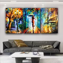 Quadros Decorativos 3 peças grandes mulher rua aquarela pintura abstrata quarto sala escritório