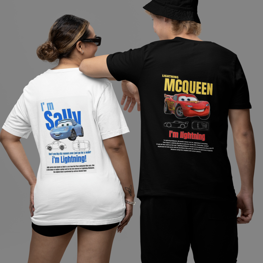 Kit Camisa Casal Relâmpago Mcqueen + Sally Carrera Algodão Carros Lançamento MONTE SEU KIT