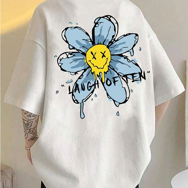 Camiseta Oversized Masculina Estilo Streetwear Estampa Blue Flower Laugh Often Tecido Confortável Com Bom Caimento
