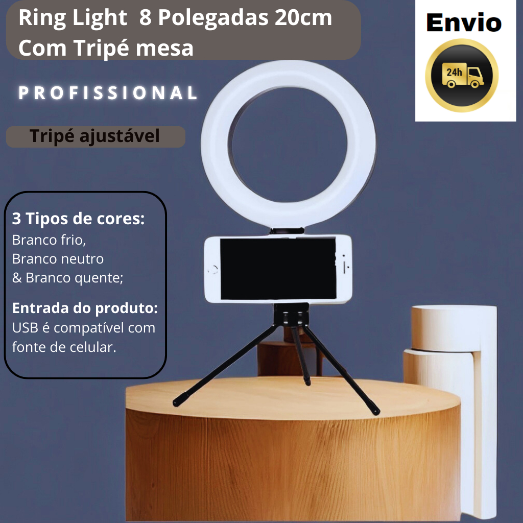 Ring Light  8 Polegadas 20cm com Tripé mesa - 3 tons