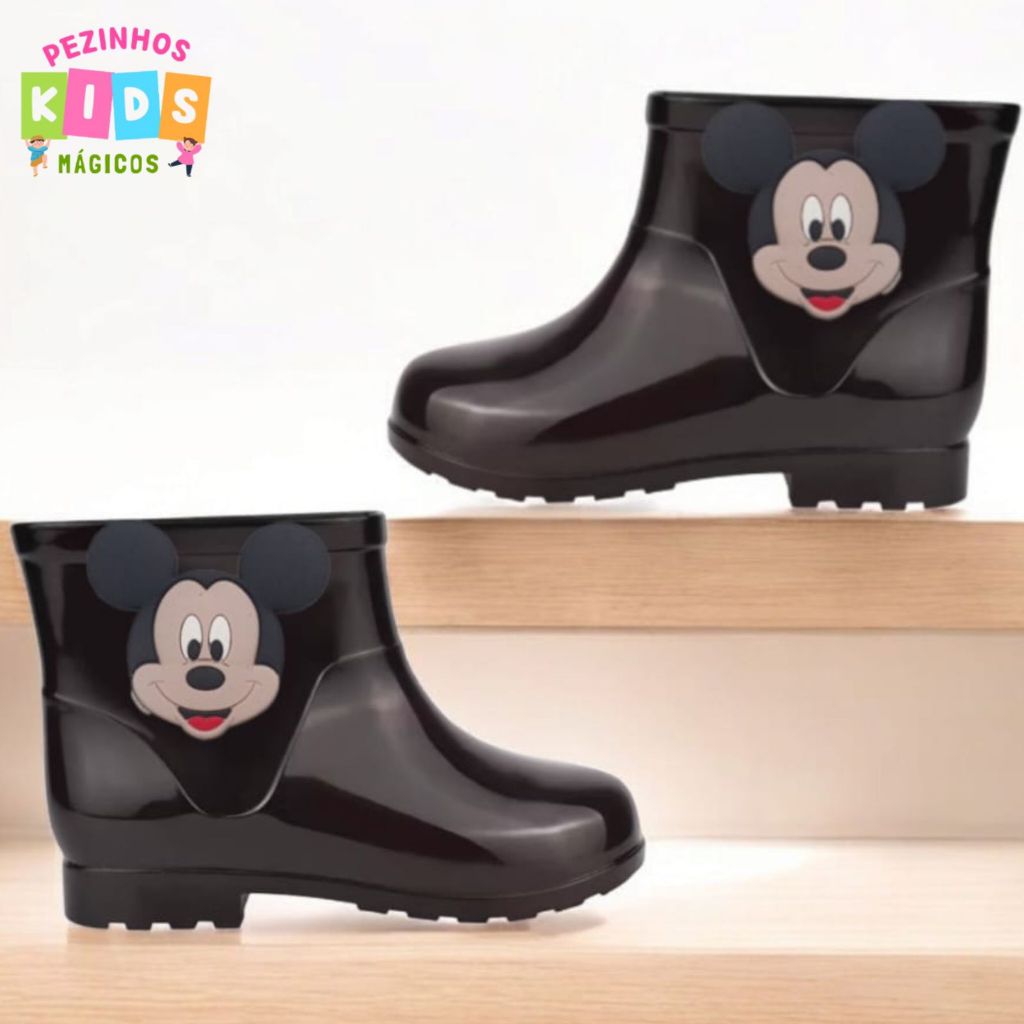 Galocha Bota De Chuva Infantil Menino Leve Confortável Masculino Preto Mickey Leve Impermeável Estiloso