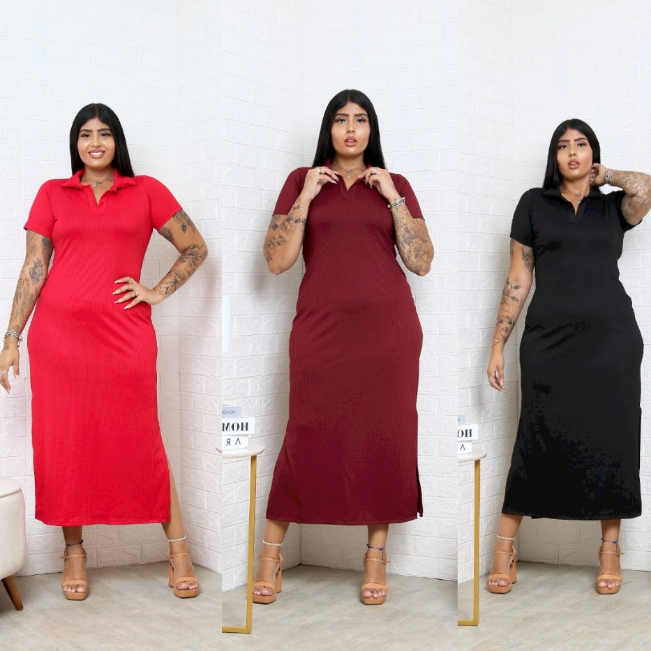 Vestido Longo Gola Polo Plus Size | Elegância e Conforto até o G2 em Oferta na Shopee