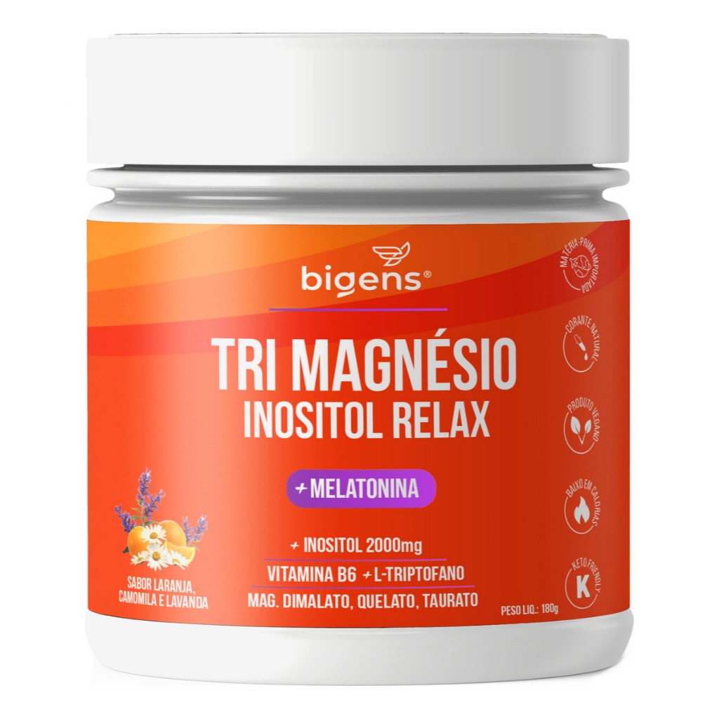 Tri Magnésio Inositol Relax + Melatonina, Sabor Laranja, Camomila e Lavanda 180g | Bigens em Oferta na Shopee