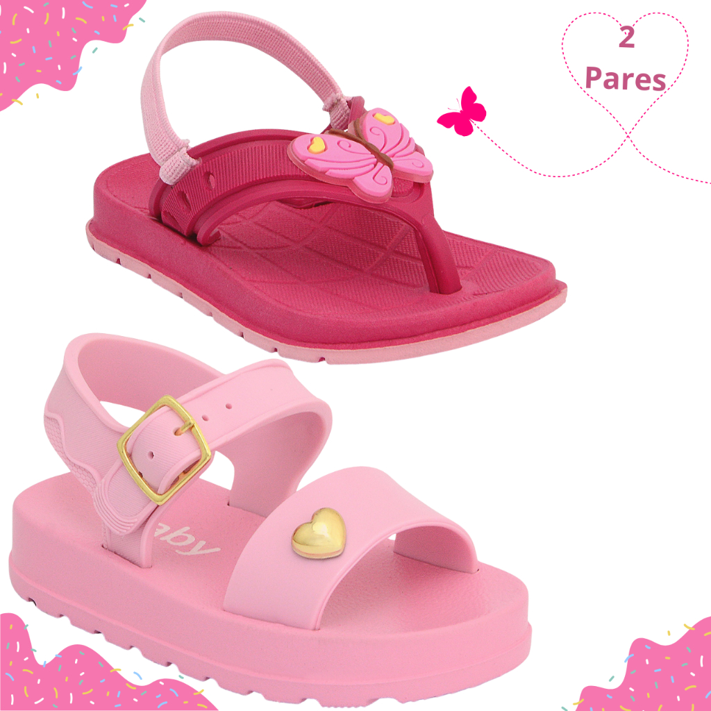 Kit 2 Pares Sandália e Chinelo Infantil Feminino Meninas Coração Borboleta