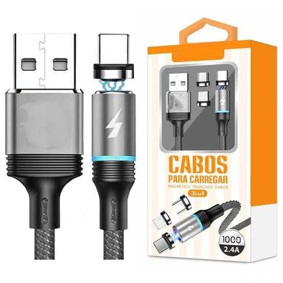 Cabo Carregador Magnético Usb 3 em 1 V8/TIPOC/I0S Carregador Magnético 2.4A 1 metro 3 em 1 V8/TIPOC/I0S