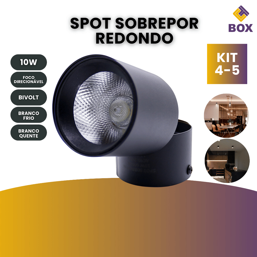 Kit 4 ou 5 Spot Led Sobrepor Preto Redondo Luz Direcionável 10w Bivolt Luz Frio ou Quente em Oferta na Shopee