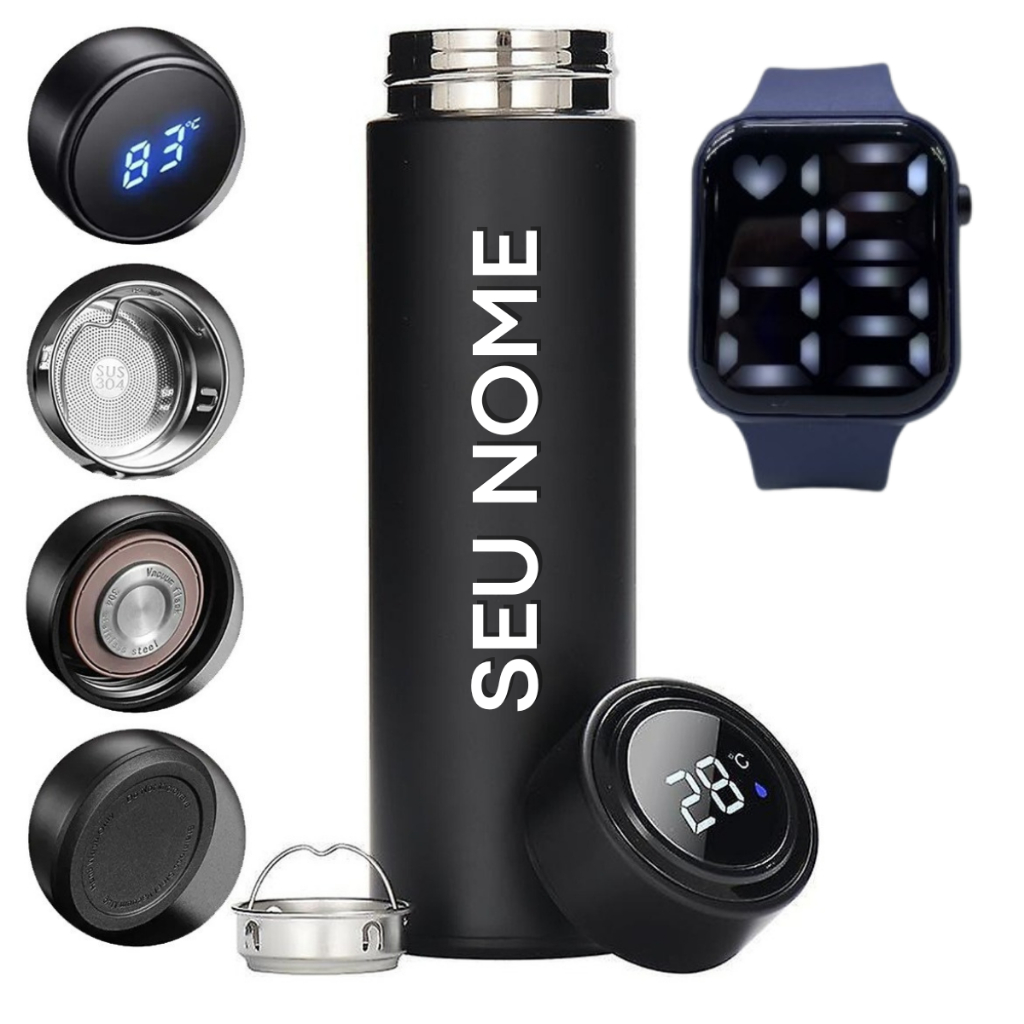 Garrafa Copo Térmica Personalizada Com Led Digital 500ml Em Aço Inoxidável + Brinde Relógio Digital