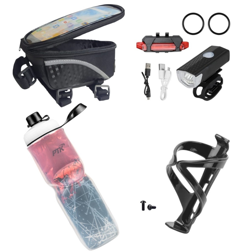 Garrafinha De Água + Suporte com parafusos+ Bolsinha Smart para bicicleta + Kit Farol em Oferta na Shopee