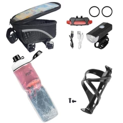 Garrafinha De Água + Suporte com parafusos+ Bolsinha Smart para bicicleta + Kit Farol