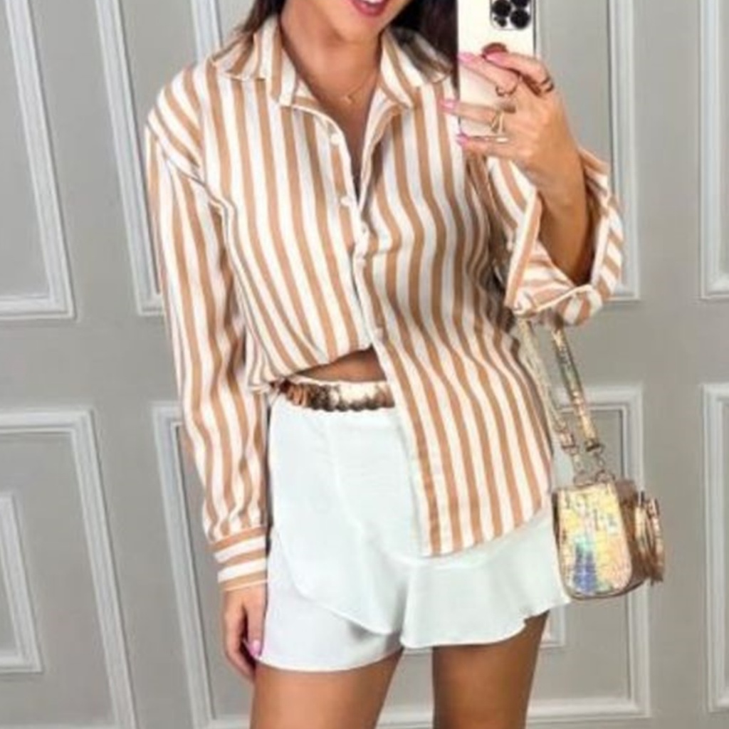 Camisa feminina manga longa social listrada risca de giz moda feminina