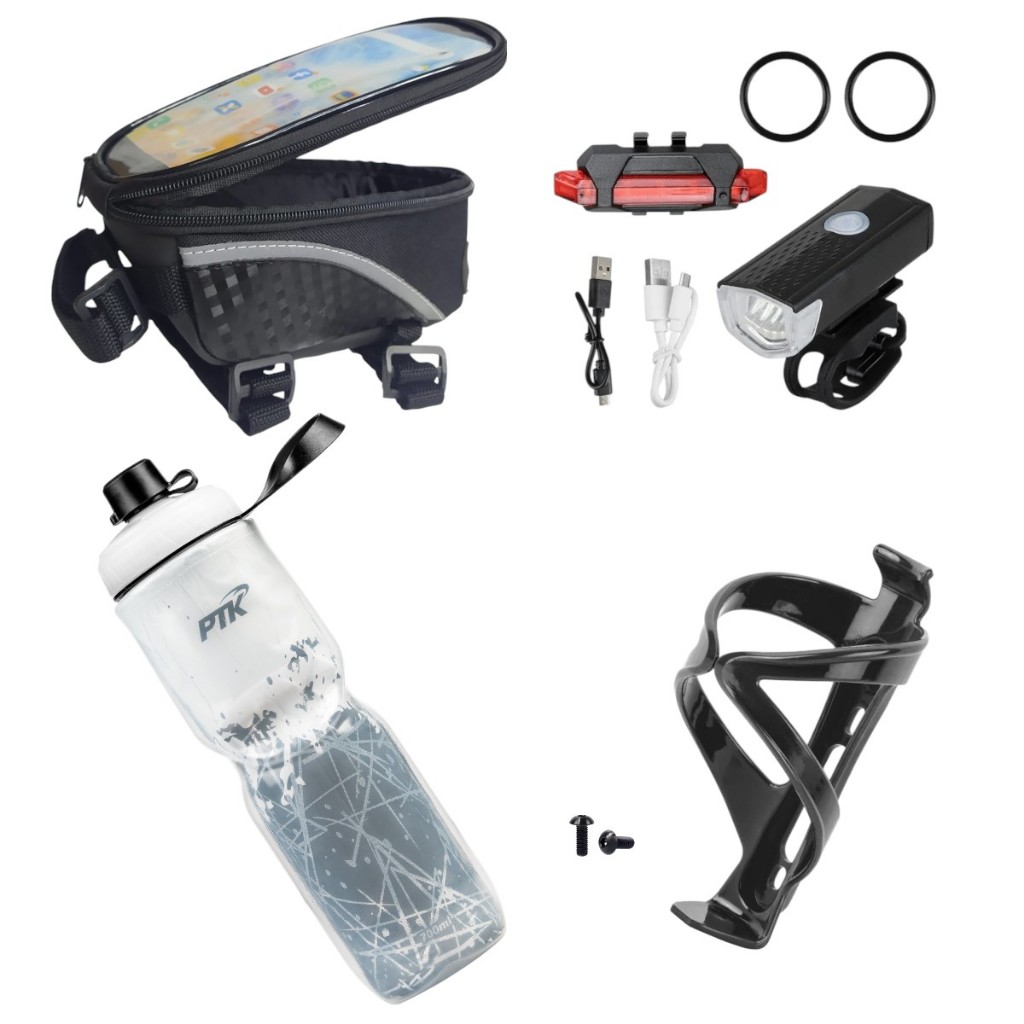 Garrafa de agua termica PTk + Suporte c/ parafusos+Bolsinha para bicicleta +Kit Farol estampas novas