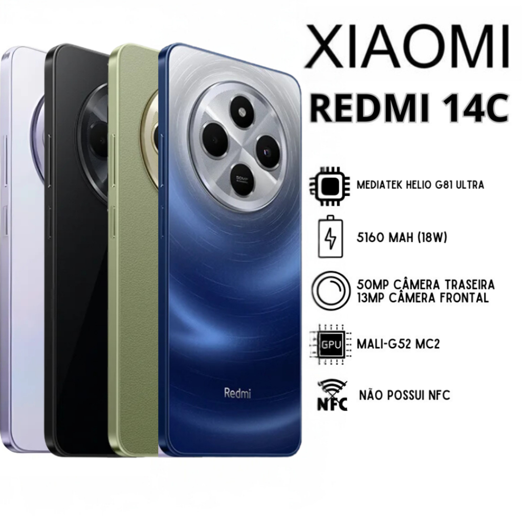 Xiaomi Redmi 14C | Câmera 50MP, Processador Helio G81-Ultra, Bateria 5160mAh, Carregamento 18W, Versão Global