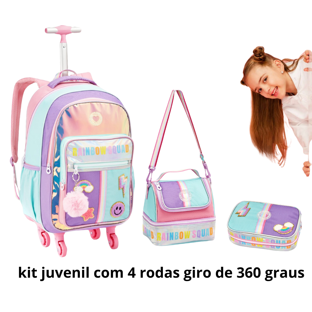 KIT DE MOCHILA RODINHA GIRO 360 GRAUS COM LANCHEIRA ESTOJO BOX HOLOGRAFICA JUVENIL E INFANTIL DENLEX