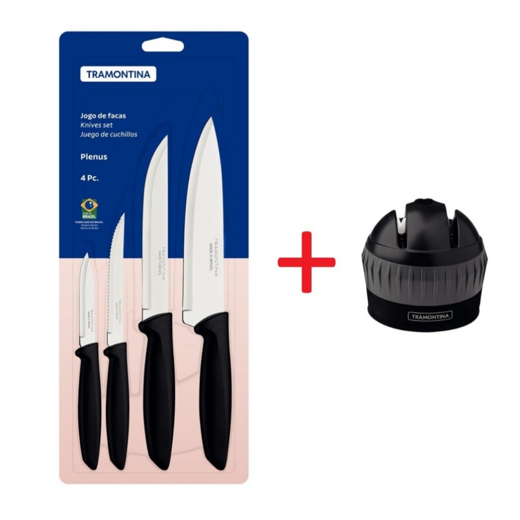 KIt Facas plenus 4 e Afiador profio tramontina preto em Oferta na Shopee