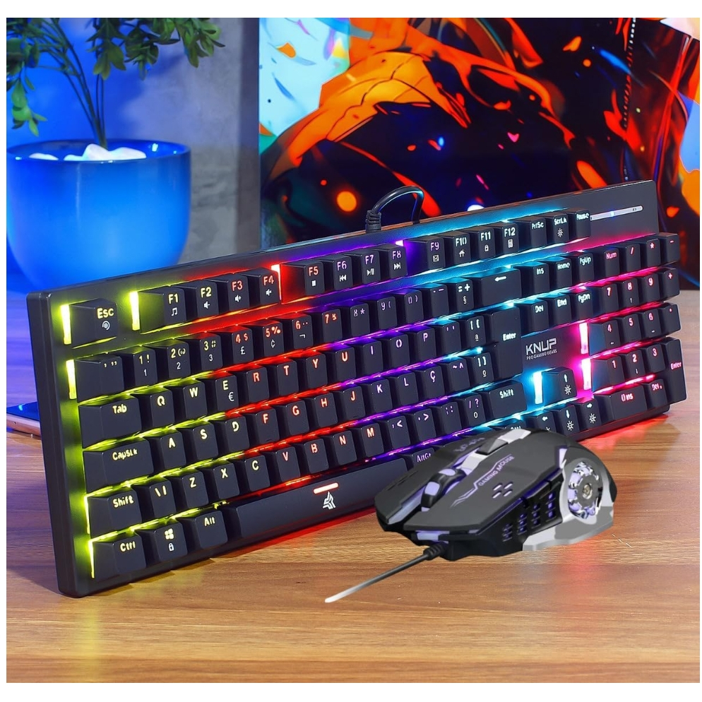 Kit Teclado Mecânico Gamer Switch Blue Led  e  Mouse Ergonomico Led RGB Rainbow