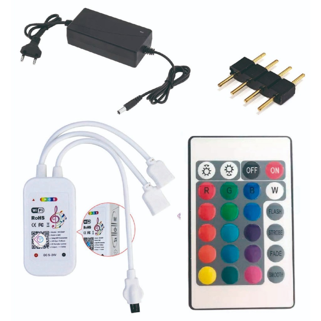 KIT Controlador Inteligente Wifi + Fonte + Emenda 4 pinos Para fita de LED 5050 2835 Dual Alexa