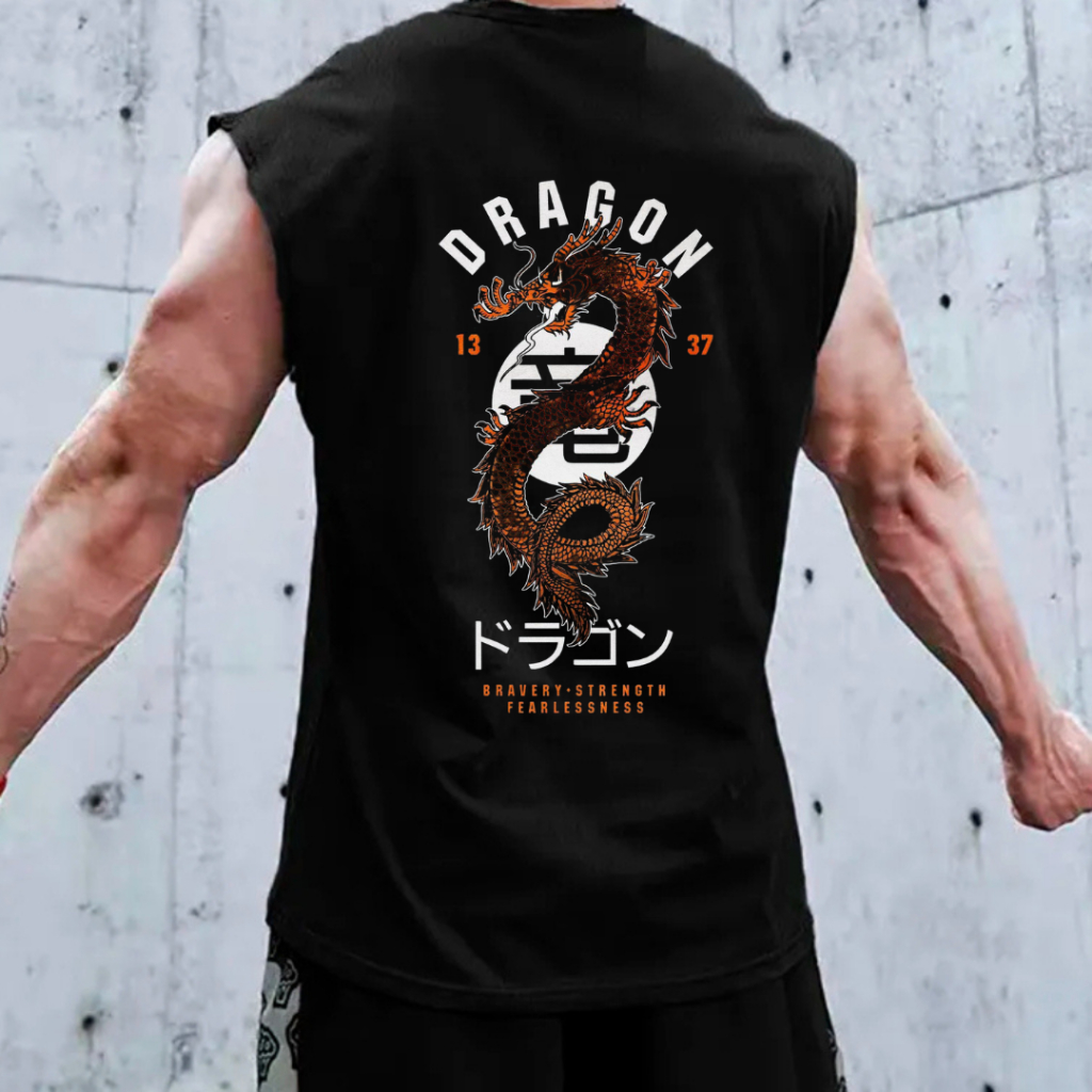 Regata Camiseta Sleevelees Camisa Dragão Japones Larga Moda Masculina Streetwear Academia Treino Luta