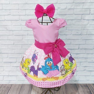 Vestido Menina Infantil Luxo Temático Galinha Pintadinha Rosa Busto Liso