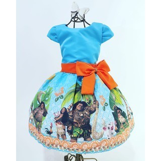Vestido Menina Infantil Luxo Temático Laço Feito Moana Adulta Laço Laranja