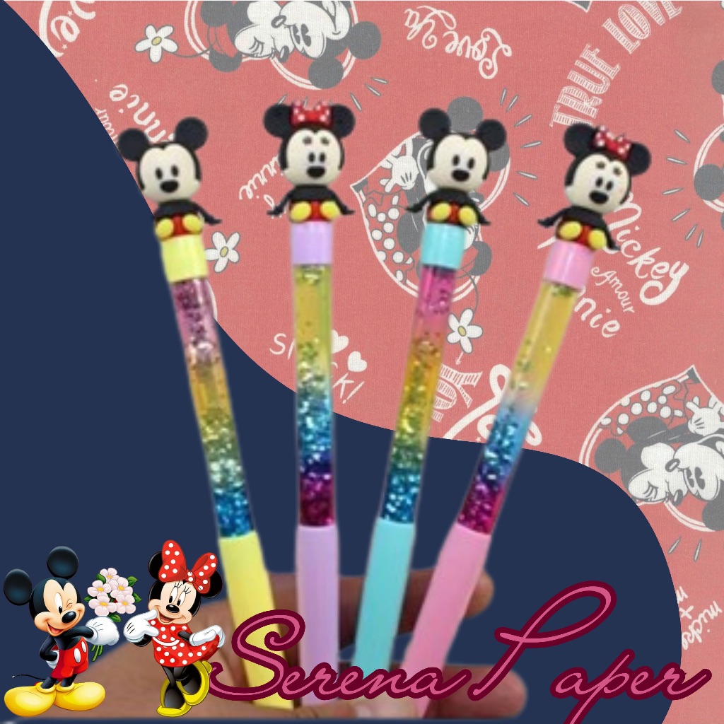 CANETA DIVERTIDA COM ÁGUA E GLITTER MICKEY / MINNIE / PAPELARIA FOFA KAWAII / MATERIAL ESCOLAR