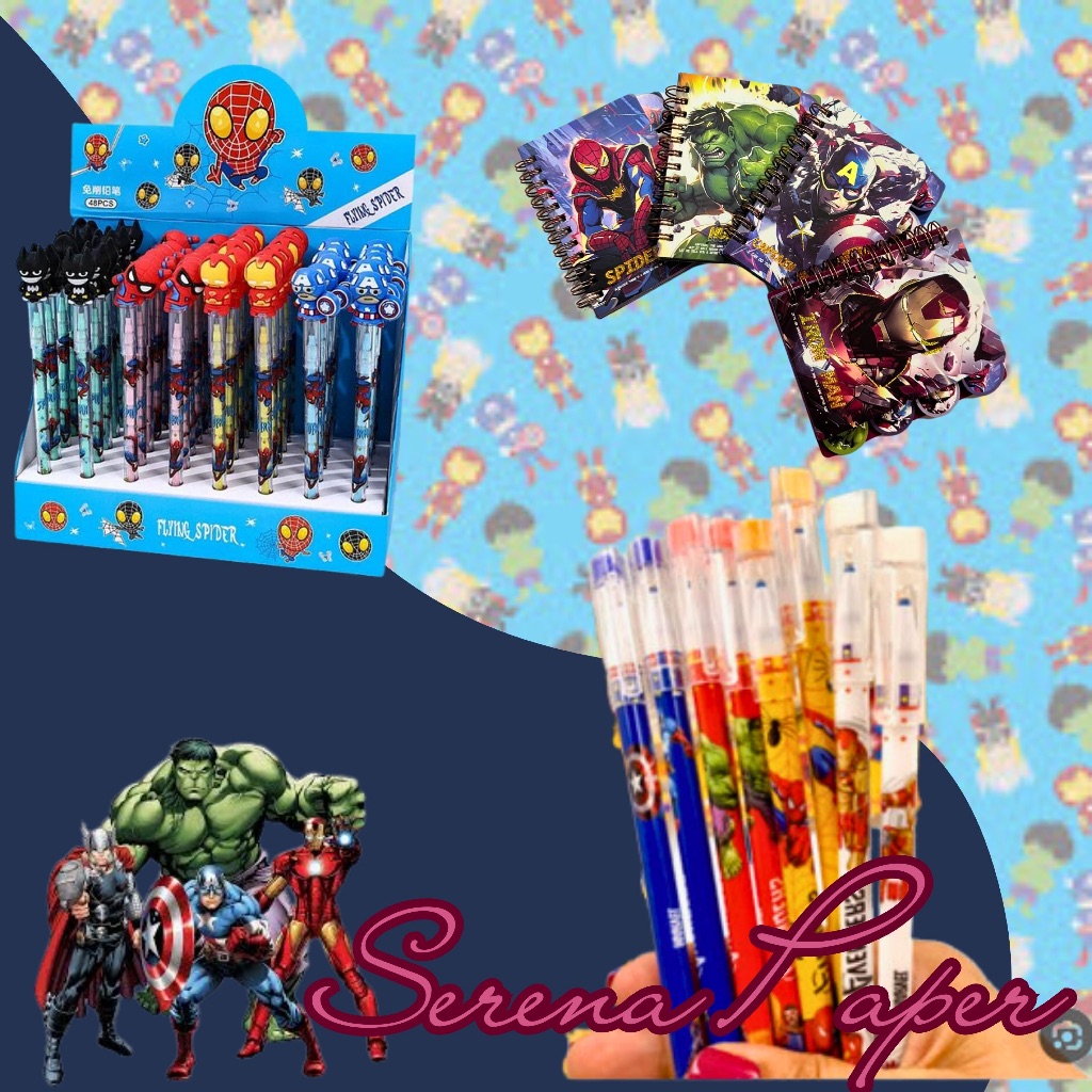 KIT HERÓIS (MINI BLOQUINHO + LAPISEIRA TROCA PONTA + CANETA APAGÁVEL) / VINGADORES / KAWAII