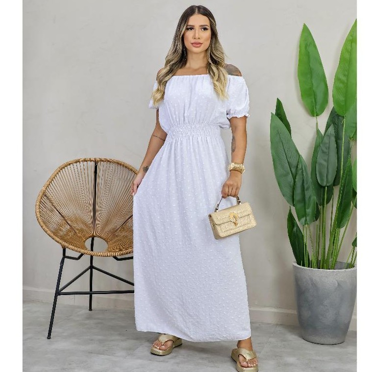 Vestido Longo Tecido Duna Moda Feminina Ombro a Ombro Manga Princesa Plus Size