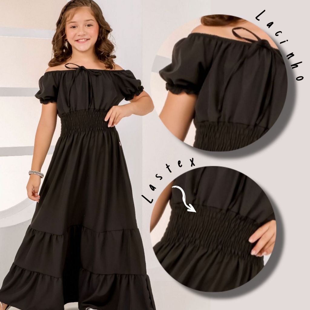 Vestido Longo Infantil Juvenil Com Manguinha Ciganinha Luxo