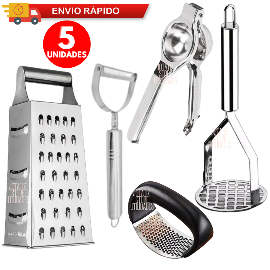 Kit 05/ 03/ 02 Utensílios De Cozinha Descascador, Amassador Batata E Alho, Ralador, Espremedor Limão Inox