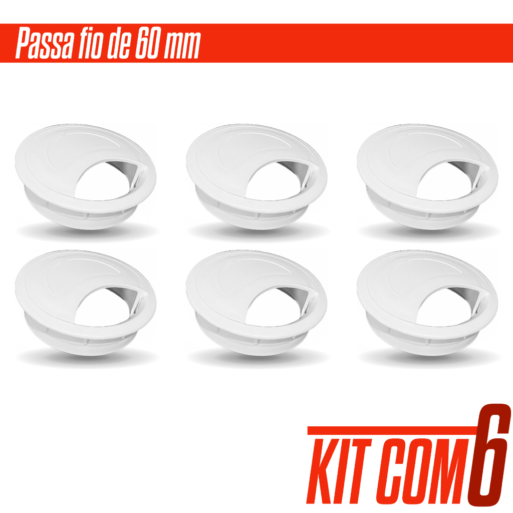 Kit 6 Unidade Passa Fio Cabo Branco 60mm Acabamento Mesa Escritorio Computador de Alta Qualidade