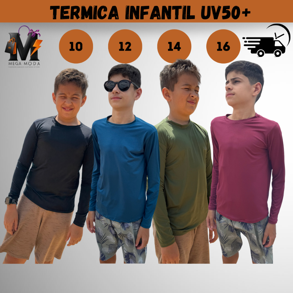 Camiseta Termica UV Infantil Juvenil  - Proteção Solar - Unisex -10 ao 16 - Roupa de Piscina e Praia