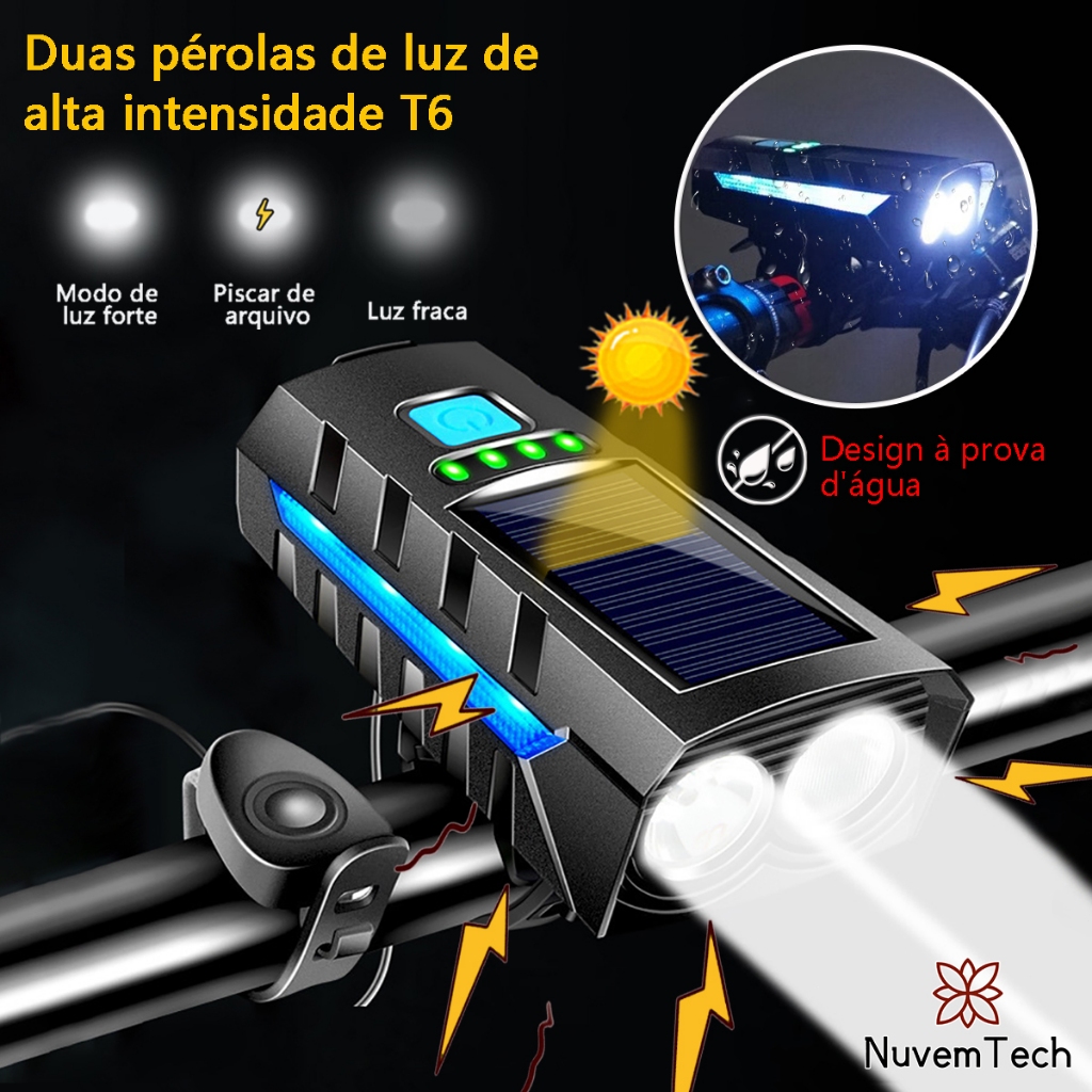 Lanterna Farol Bicicleta Bike Luz Solar Com Buzina T6 LED USB Recarregável À Prova D'Água Lâmpada De Ciclismo