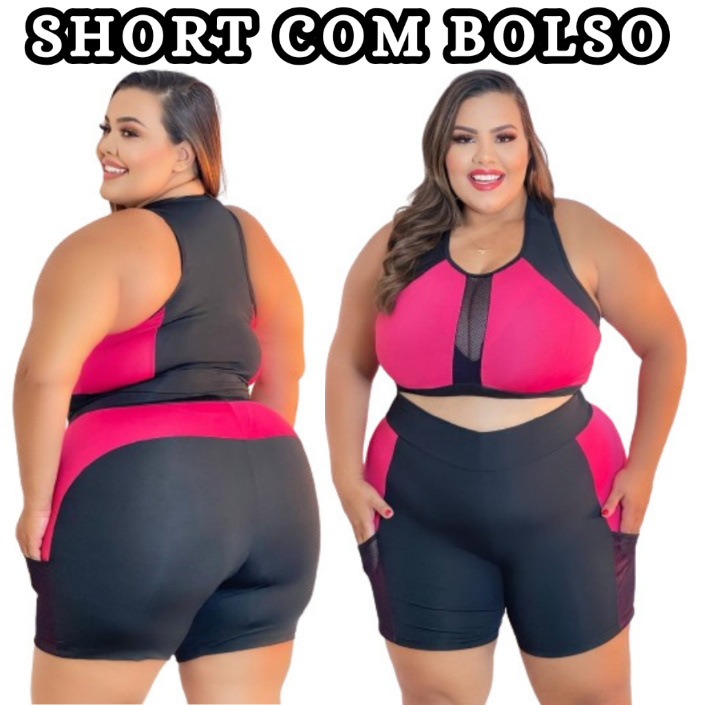 Conjunto Academia Plus Size  Top + Short Ciclista com Bolso em tela Curves Roupa Fitness Feminino