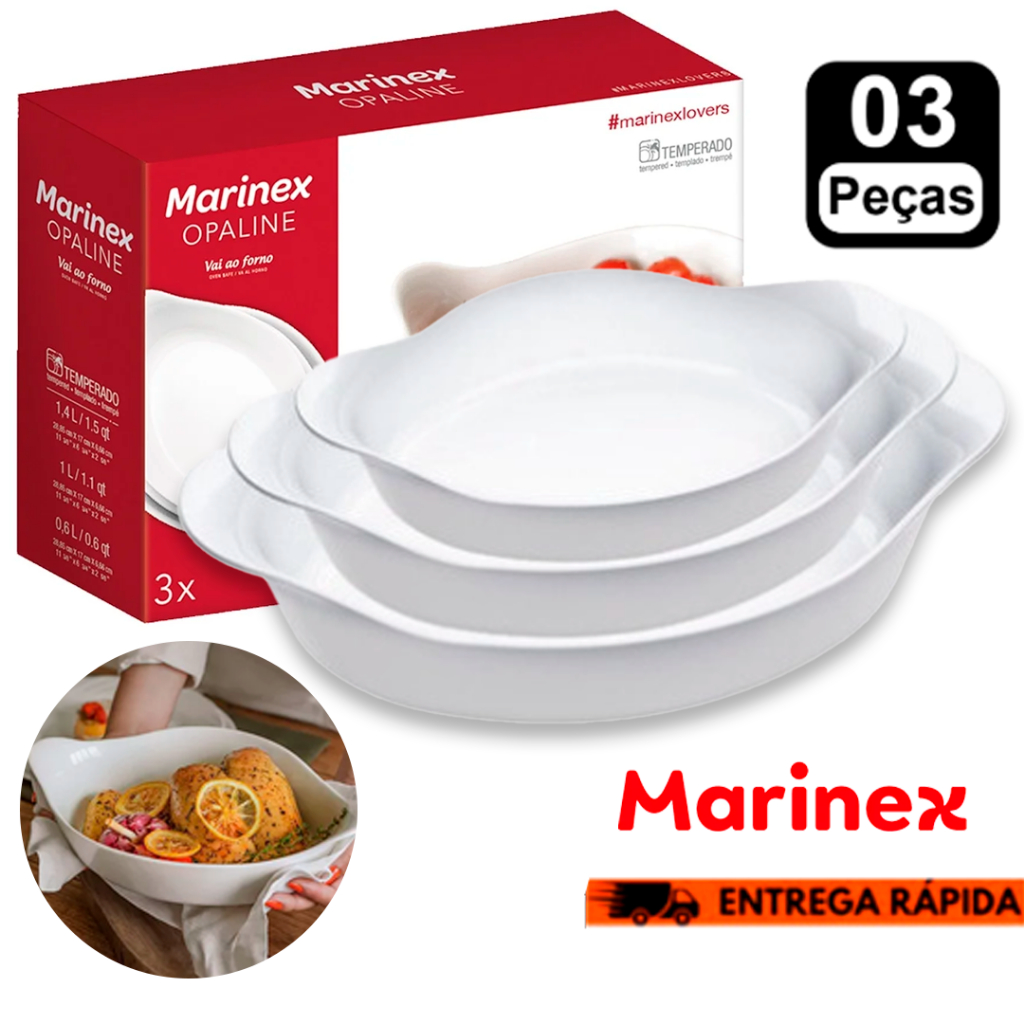 Kit Conjunto 03 Formas Jogo Assadeira Opaline Vidro Branco Temperado Marinex PMG Bolo e Sobremesa