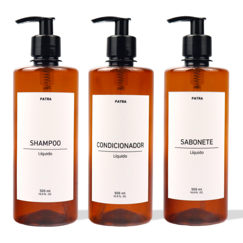 Frasco para shampoo e condicionador 500ml ambar kit 3pçs para banheiro em Oferta na Shopee